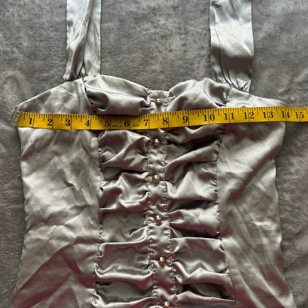 Silver Satin Ruched Halter Top Smocked Back Y2K Grey Party Blouse - Picture 5 of 9